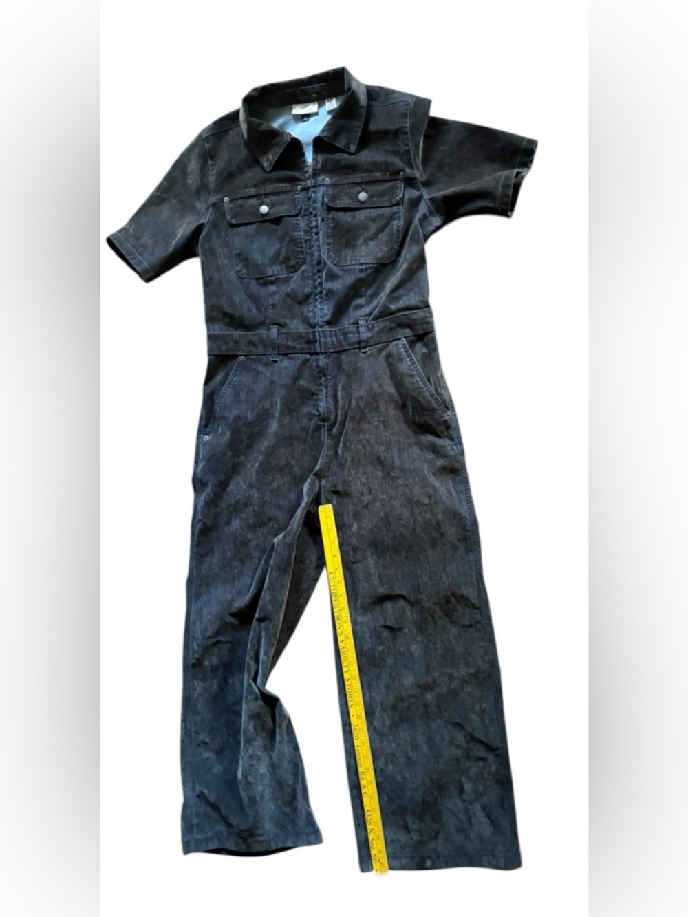 Short-Sleeve Gray Velvet Jean Jumpsuit - Picture 6 of 16